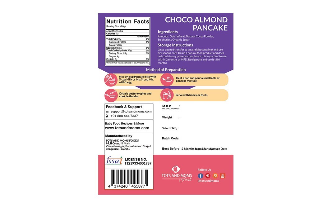 Tots And Moms Foods Choco Almond Pancake Mix   Pack  200 grams